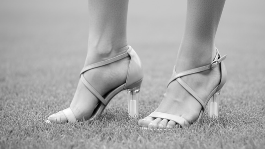 a woman wearing sandals with stiletto stoppers from secret weapons, help to keep stilettos safe from dirt, grass and damage while adding elegant style