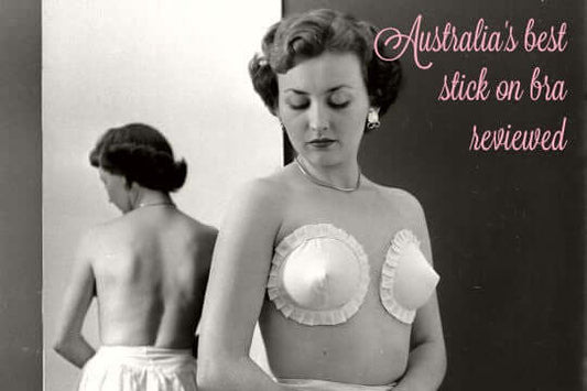 a women wearing a retro bra while she is considering Australias best stick on bra