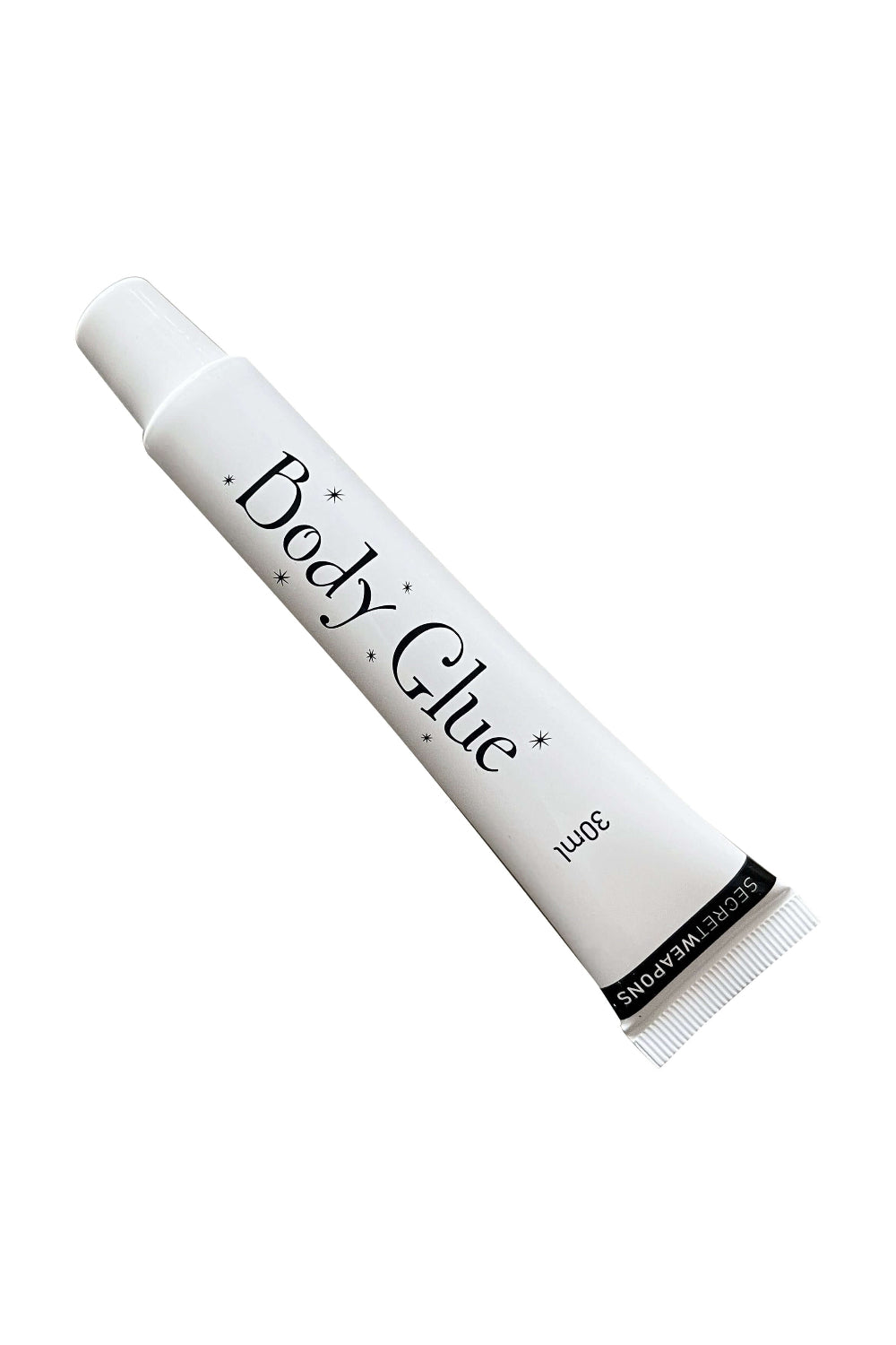 A transparent body glue packed in 30ml white tube from Secret Weapons in a white background, helps to stick clothing, accessories and stockings