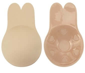 a pair of bunny style nipple covers from Secret Weapons in a white background, capturing the front and back of the product, highlighting the seamless edge and medical grade skin safe adhesive for maximum lift and support