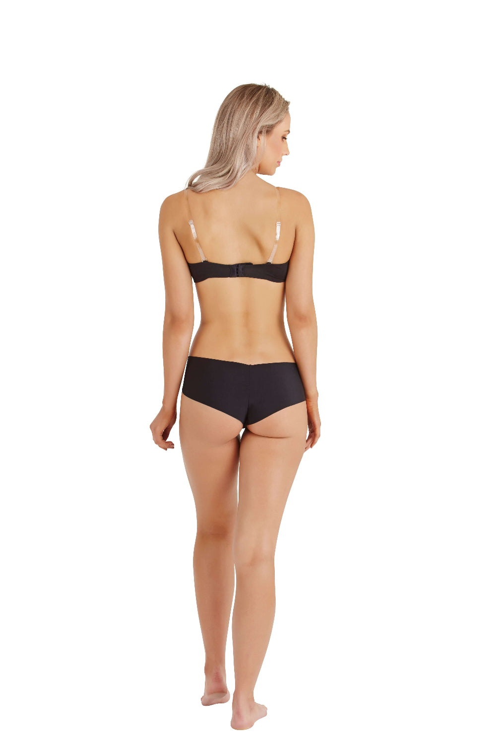 a model wearing a black bra and invisible underwear with no panty lines from secret weapons, perfect for every outfit