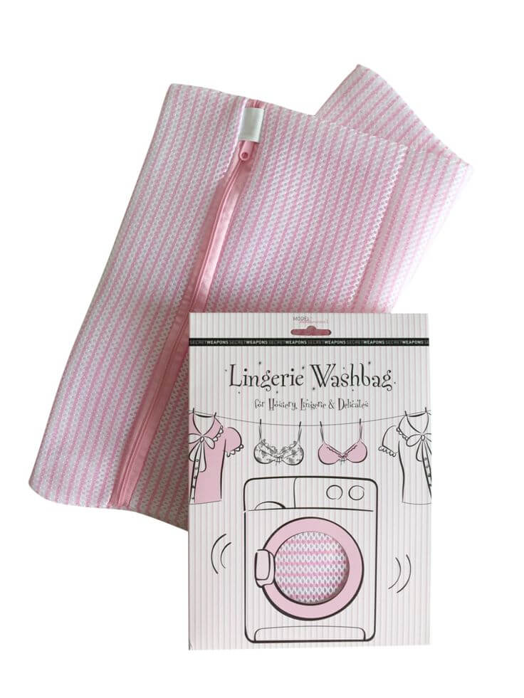 a photo of pink Lingerie Wash Bag and its packaging from secret weapons in a white background