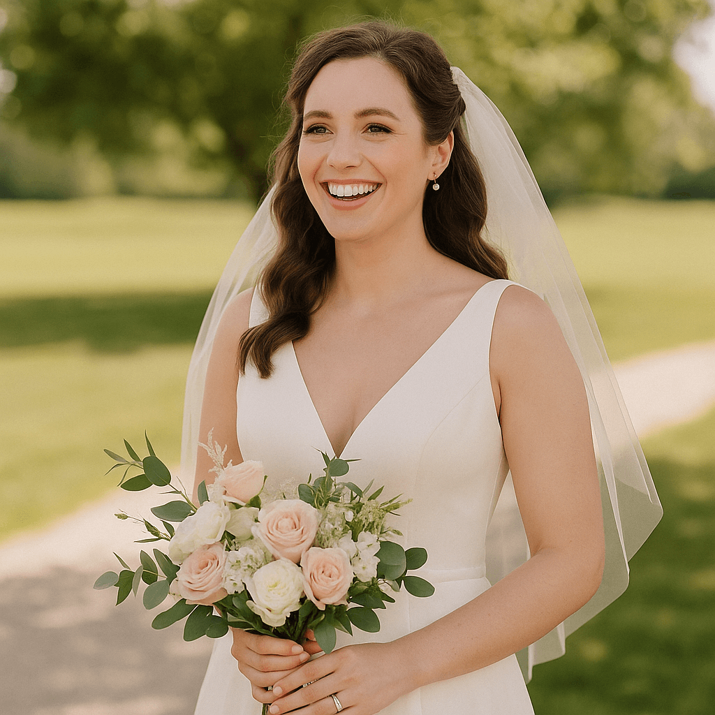 Bride holding a bouquet of flowers with a blurred green background on her wedding day and no bra is showing under her dress