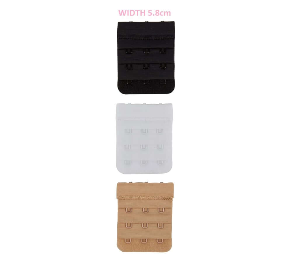 3 Hook Bra Extender showing all 3 colours - nude/beige,black and white with pink print demonstrating the bra extender width of 5.8cm on a white background.cm