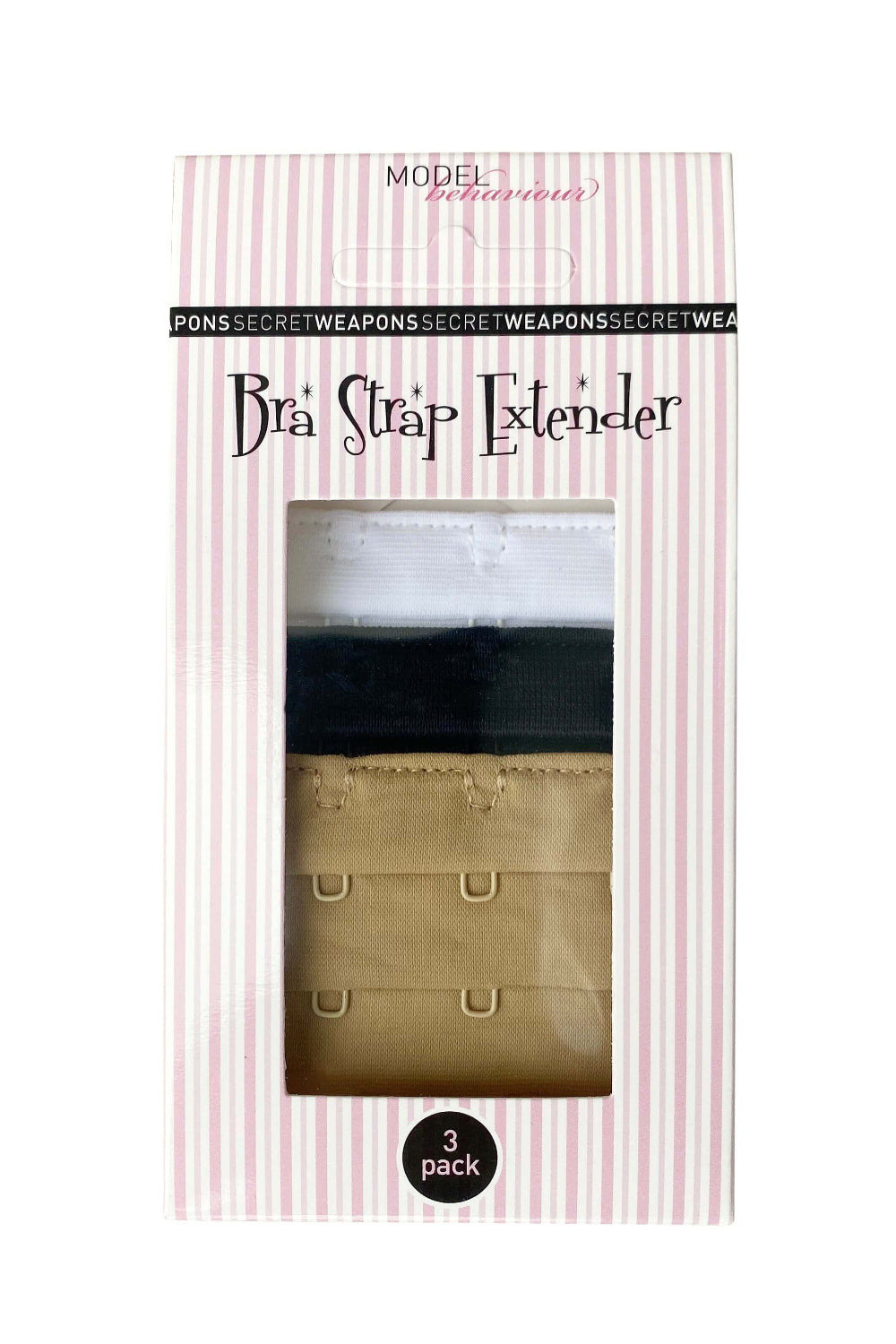 different colors of bra extenders from secret weapons, available in white, black, and nude color inside a pink and white striped box packaging, combined to give you plenty of choices to fit your bra colors