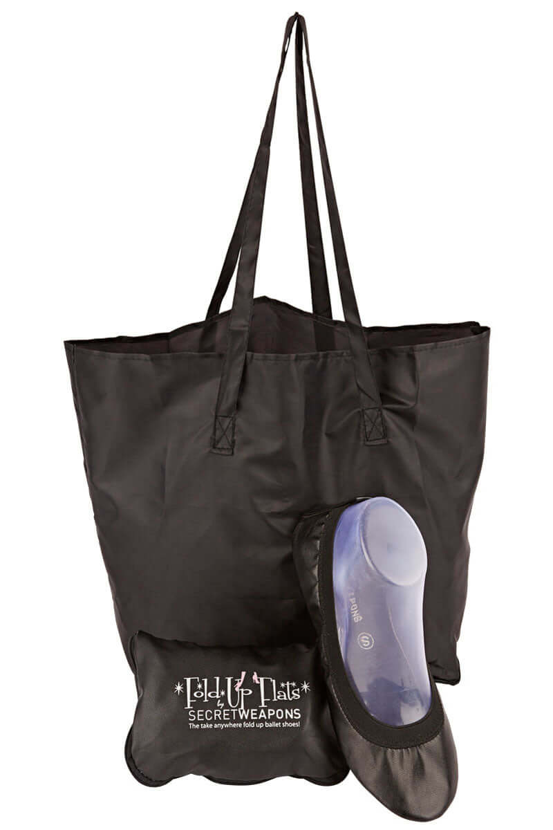 Foldable ballet flat shoes, a carry purse with ballet flat shoes inside and a black carry bag on a white background.