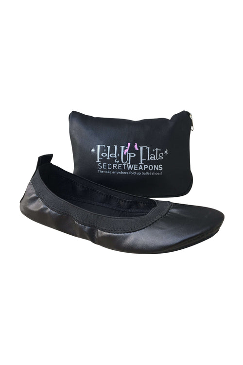 Black Bridal Fold Up Ballet Flats and its pouch from secret weapons in a white background, perfect pair while dancing and going home from your wedding