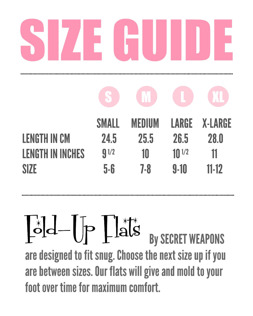 a size guide for White Bridal Fold Up Ballet Flats from secret weapons in a white background with variety of sizes from small, medium, large and extra large and cm lengths of 24, 25, 26, and 28