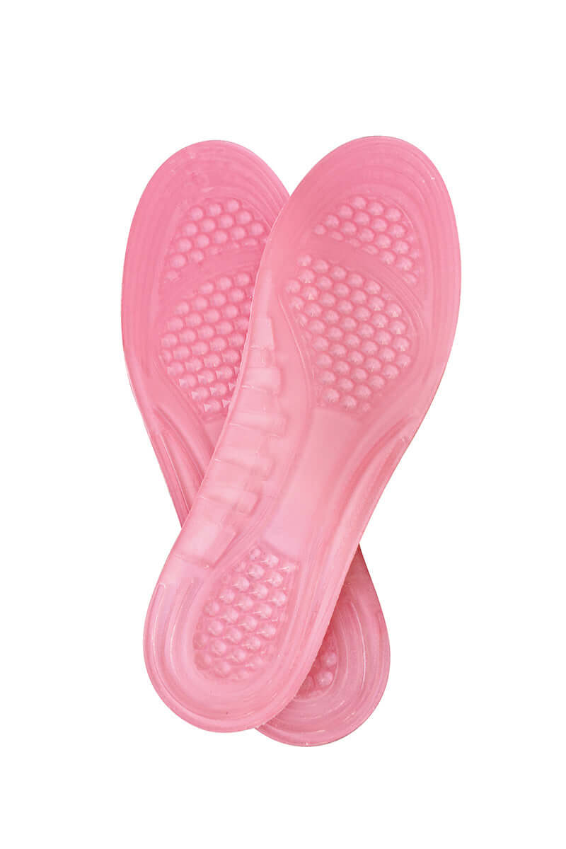 Pink gel insoles overlap each other, displaying textured surfaces for cushioning. They are designed for footwear comfort, shown against a plain white background.