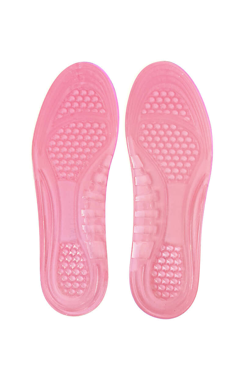Pink gel insoles with textured patterns are placed side by side on a plain white background.