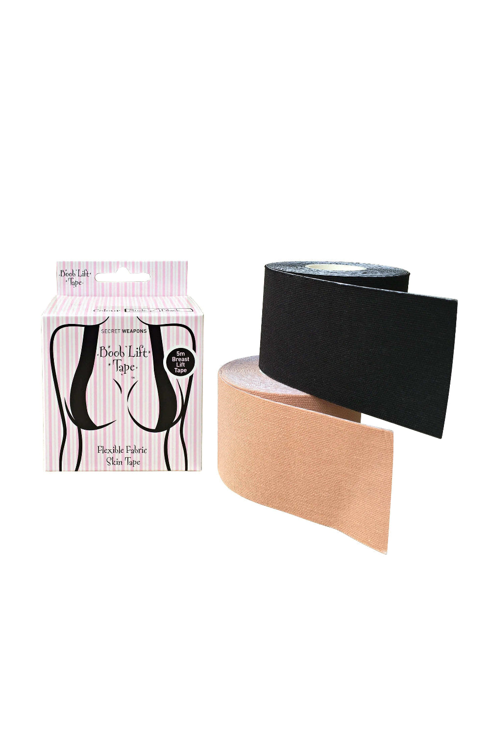 a picture of black and nude boob tape and its packaging from secret weapons, crafted with Moisture resistant for ultimate comfort and confidence
