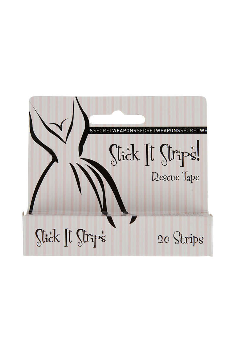 a packaging of stick it strips from secret weapons, consisting of pre-cut invisible Fashion Tape to keep the fabric on your skin with medical grade adhesive for your protection and confidence