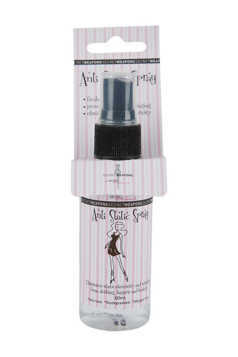 Spray bottle labeled "Anti Static Spray" eliminates static and wrinkles in clothing. Text: "Secret Weapons by MODELinterational," "freshens, prevents clinging, eliminates static electricity," "60mL," "Non-toxic," "Biodegradable," "Allergen Free." Pink striped packaging.