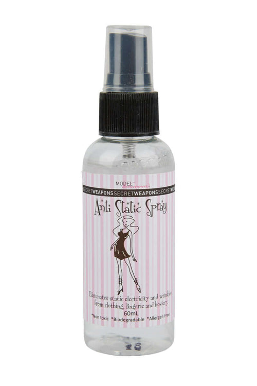 A spray bottle labeled "Anti Static Spray" with black cap and pink-striped label, featuring a silhouette illustration. Text: "Model, Eliminates static electricity and wrinkles from clothing, lingerie, and hosiery. 60mL. *Non-toxic *Biodegradable *Allergen Free."