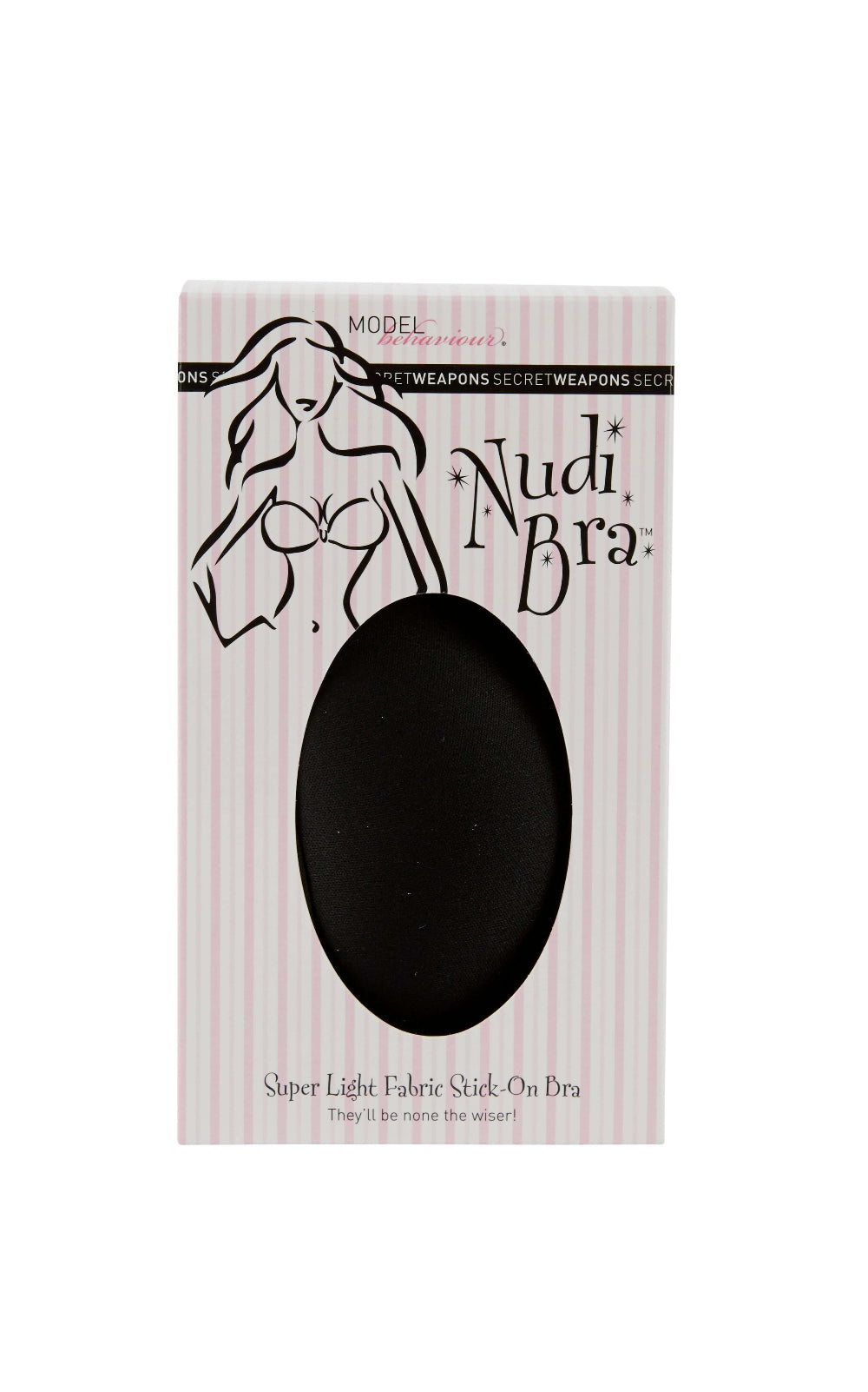 a packaging of black Adhesive Stick On Bra from secret weapons, made with premium grade silicone and medical adhesive tape