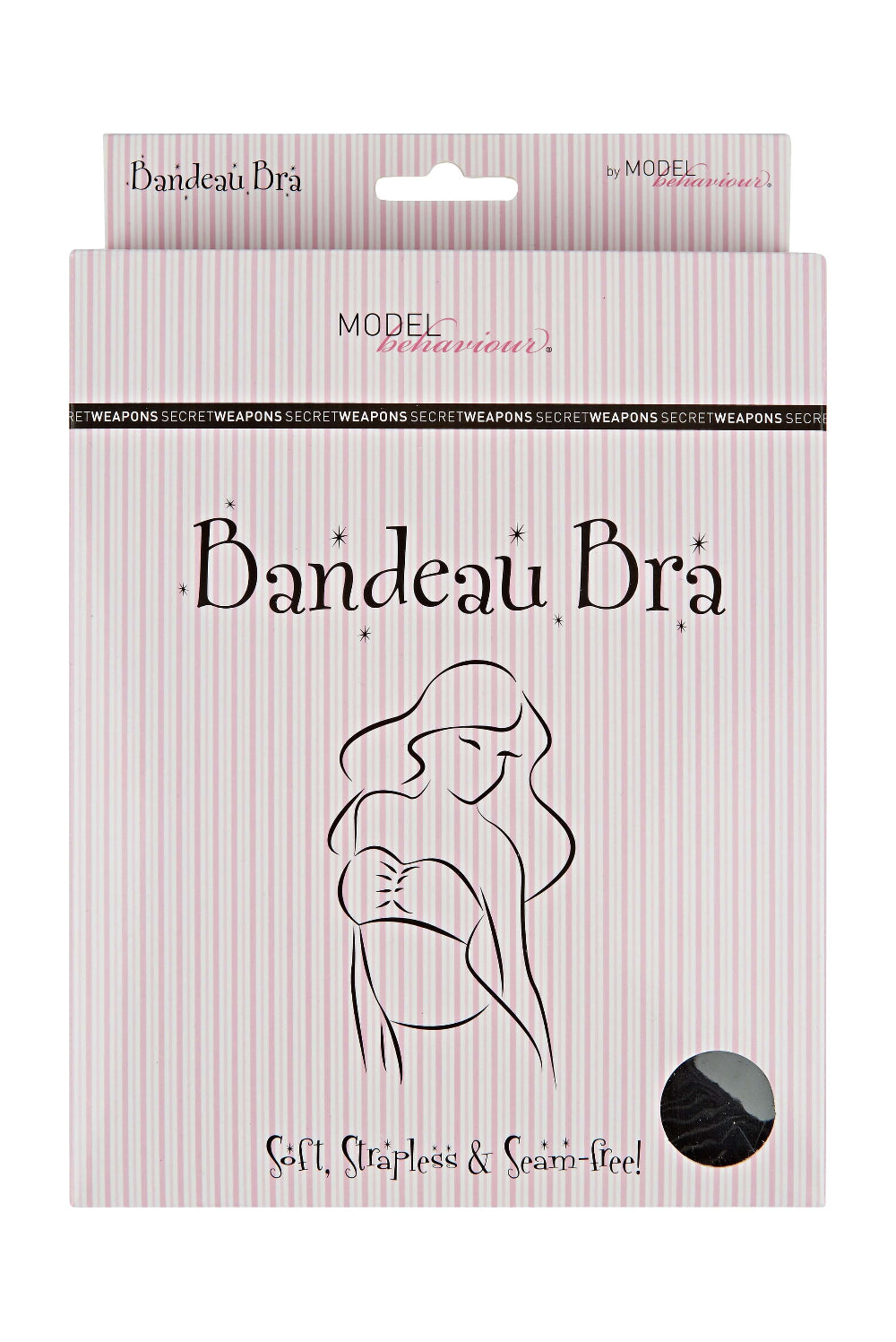 packaging of black Bandeau Bra from secret weapons in a white background, Made from high quality yarns