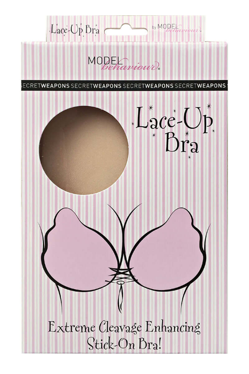 a packaging of lace up sticky bra from secret weapons, designed to enhance extreme cleavage for your style and confidence