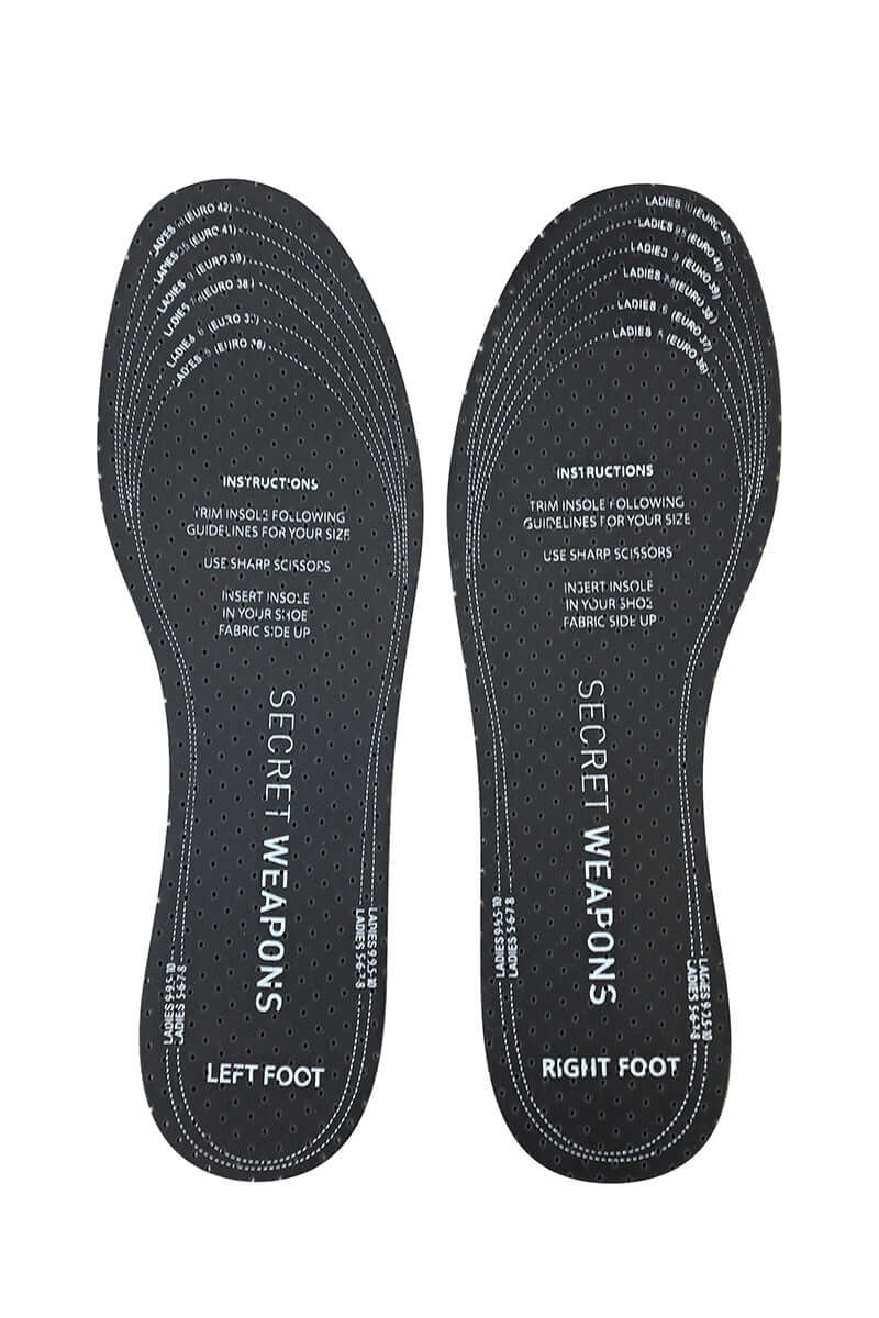 a pair of black foam insole from secret weapons, designed with a cotton-lined outer layer and perforations for air circulation, Foam Cushion Insoles stay dry and fresh all day