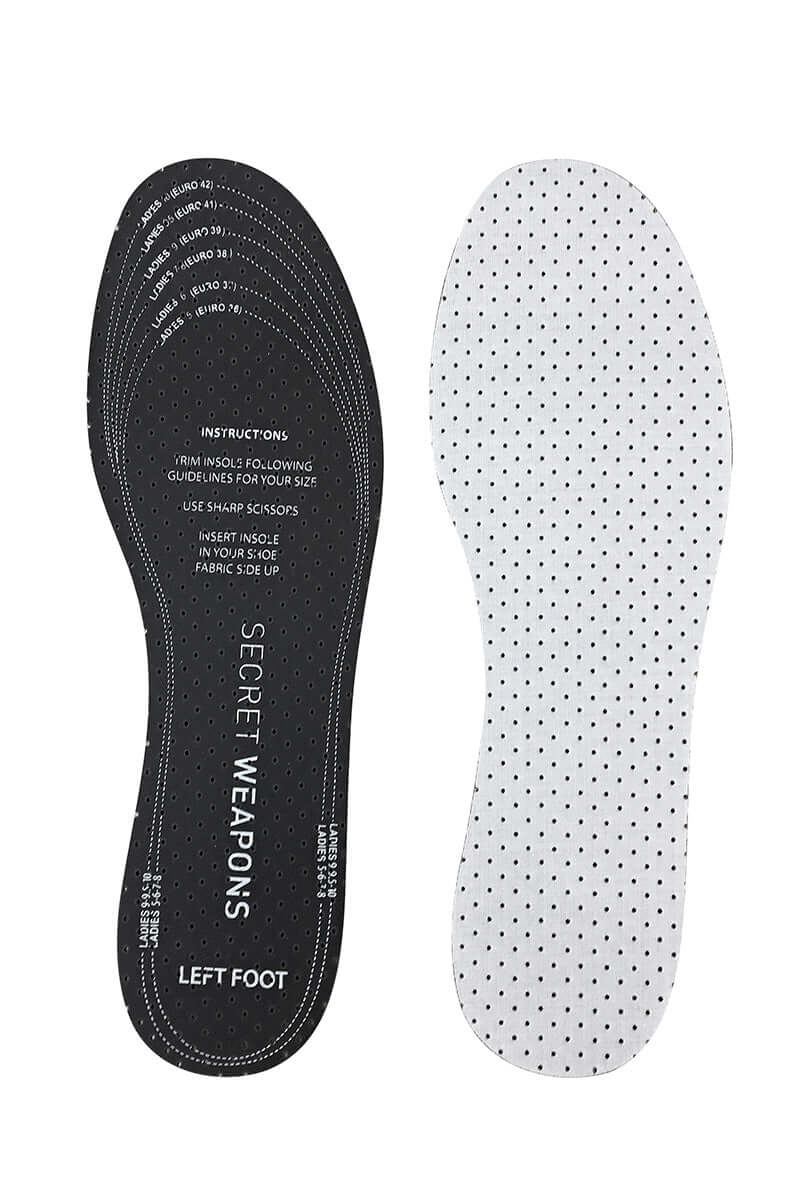 two foam insoles available in color black and white from secret weapons, crafted with Foam Insoles that are ultra-soft, cotton lined cut to size shoe inserts, perforated for air flow