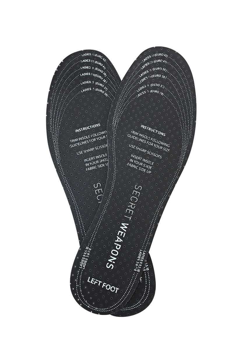 a pair of black foam insole in a criscross position from secret weapons, highlighting the lining that can be trimmed for shoe sizes 5 to 11 making it flexible for any shoes