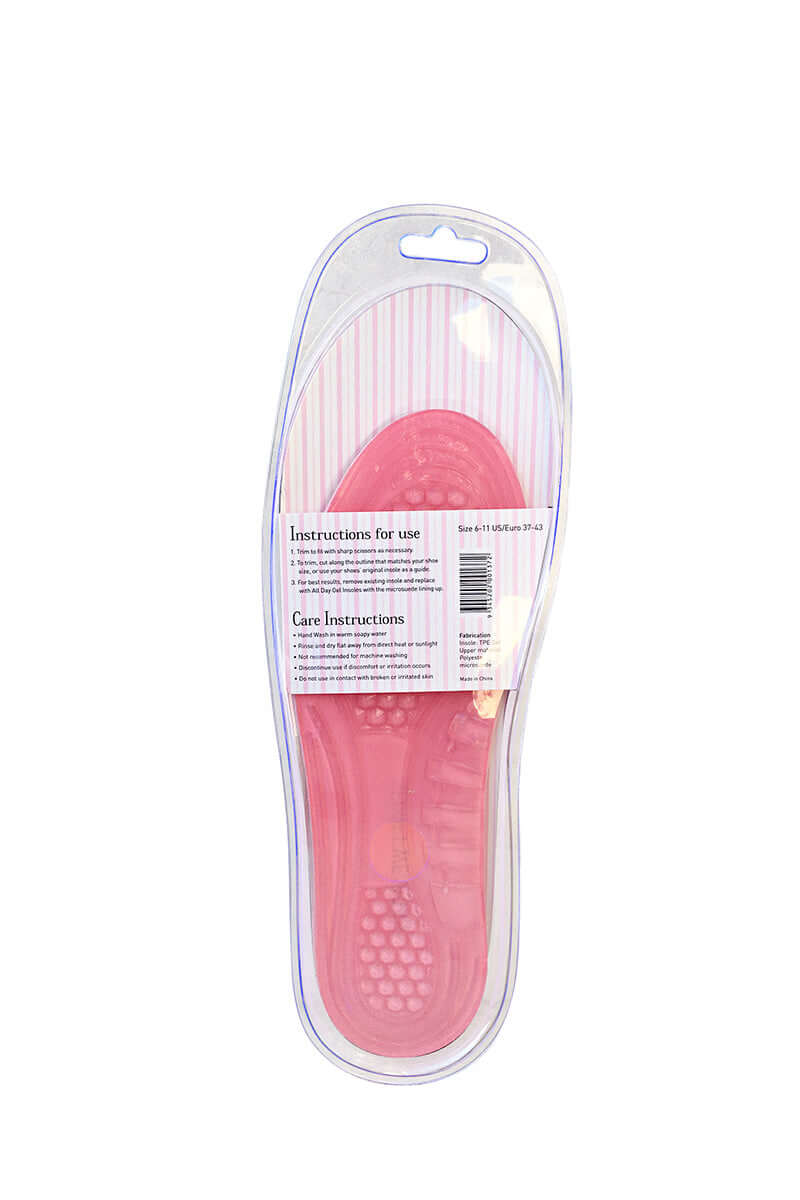 Pink shoe insoles packaged in a clear plastic container with striped backing. Text on packaging: "Instructions for use...Care Instructions...Size 6-11 US/Euro 37-43...Fabrication: Upper TPE Gel...Made in China."