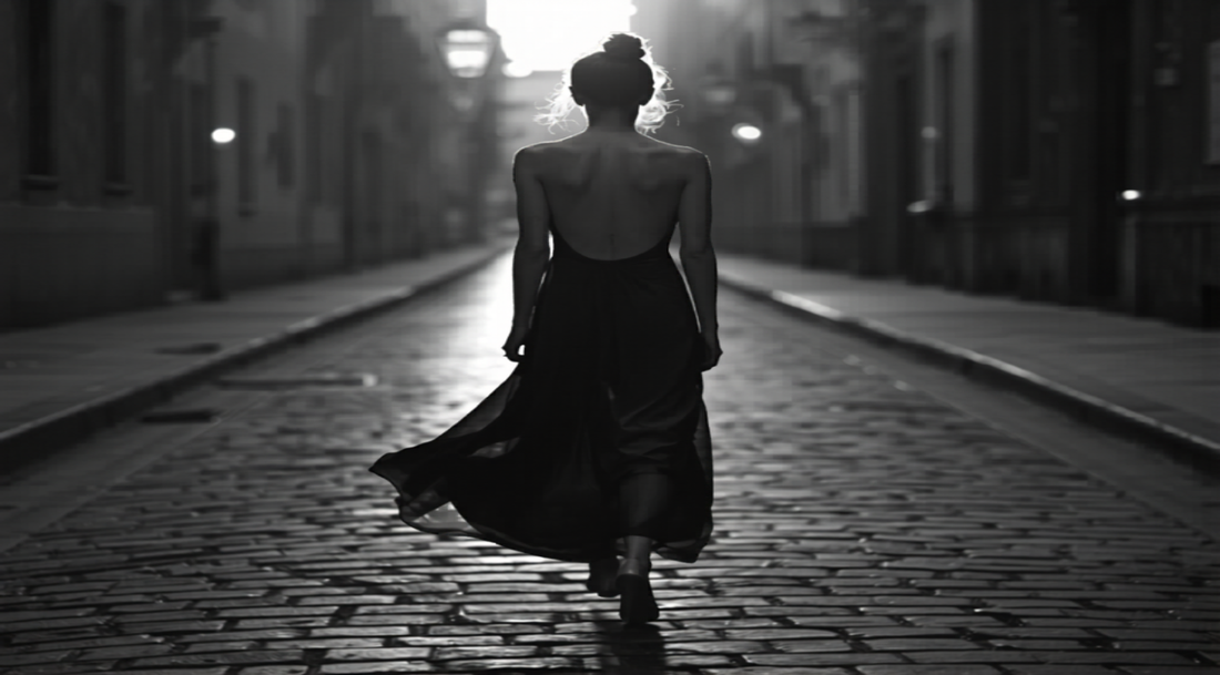 A woman walking down a cobblestone street in a flowing backless evening dress, shown from behind in classic black and white editorial style.