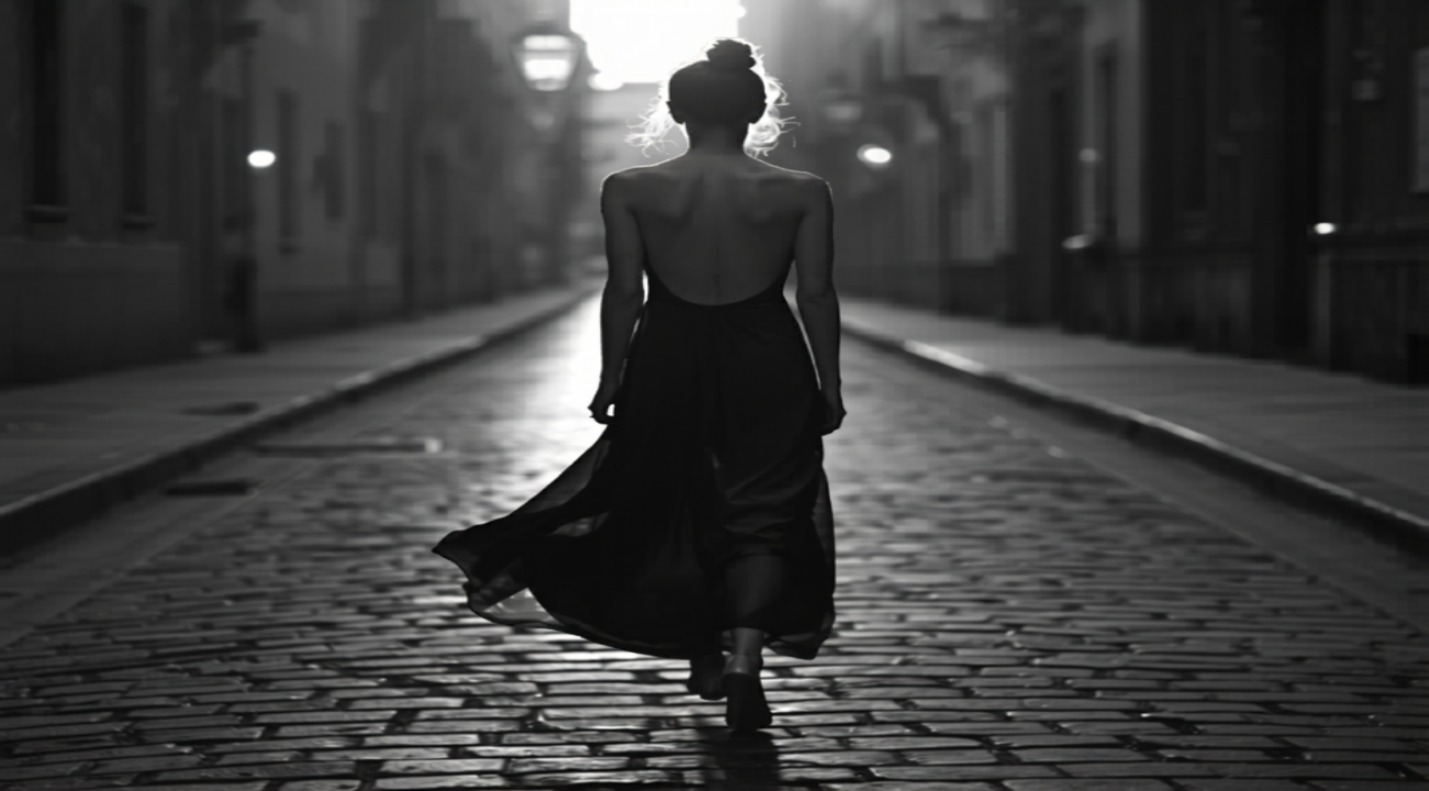 A woman walking down a cobblestone street in a flowing backless evening dress, shown from behind in classic black and white editorial style.