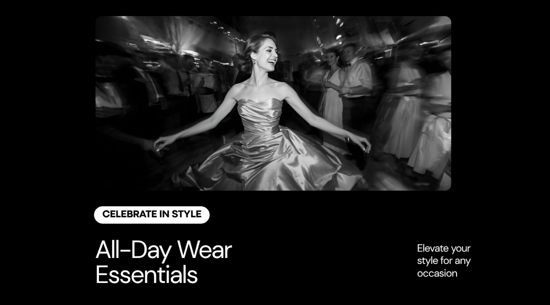Black and white editorial photograph of a woman dancing at an evening event in an elegant dress, suggesting all-day wear and movement.