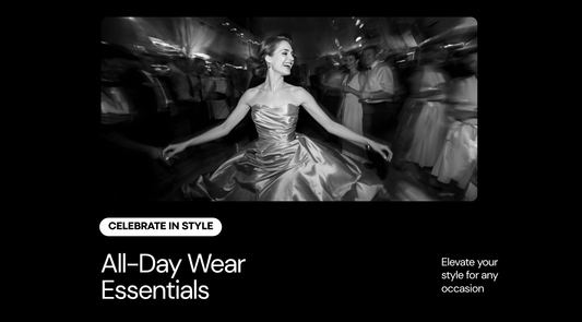Black and white editorial photograph of a woman dancing at an evening event in an elegant dress, suggesting all-day wear and movement.