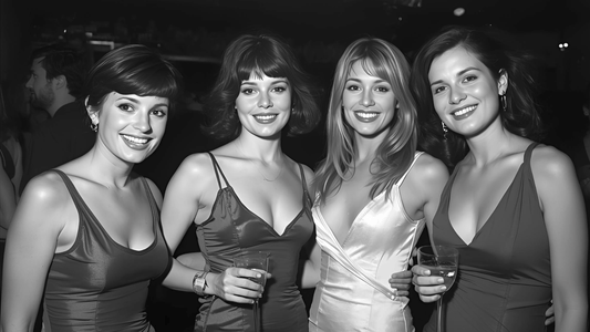 Four stylish women wearing elegant evening dresses, confidently enjoying a night out with smooth, supported silhouettes using body tape, the ultimate invisible fashion fix for any outfit
