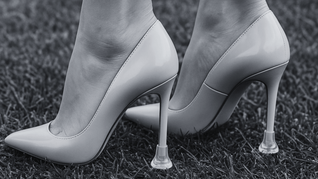 a model wearing high heels with high heels protector from secret weapons, perfect for outdoor grass wedding events
