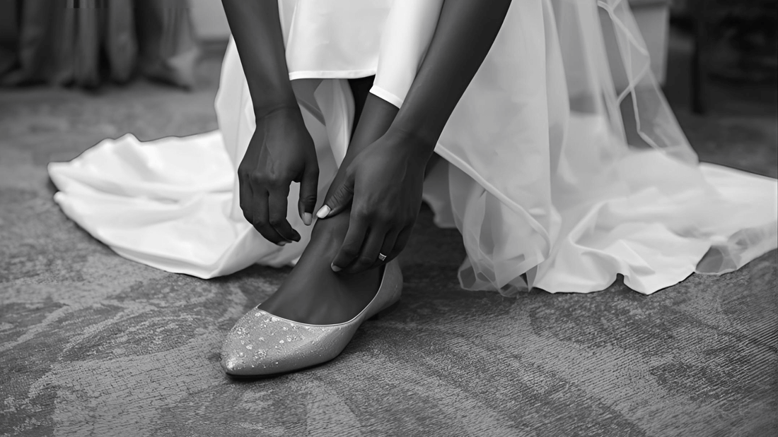 a woman wearing a dress changing her shoes to  Fold Up Ballet Flats Fold Up Ballet Flats from secret weapons, giving rest to her feet from wearing high heels