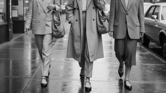 Three women walking confidently down a city street wearing tailored coats and flat shoes in a classic black and white street style scene.