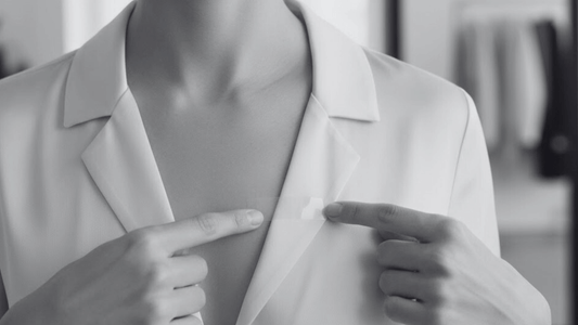 a woman pointing her fingers at the fashion tape from secret weapons, located at the v lining of her top outfit