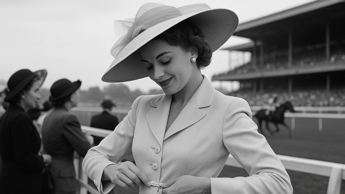 a photo of a woman from 1980s wearing secret weapons bra, gazing at her dress confidently