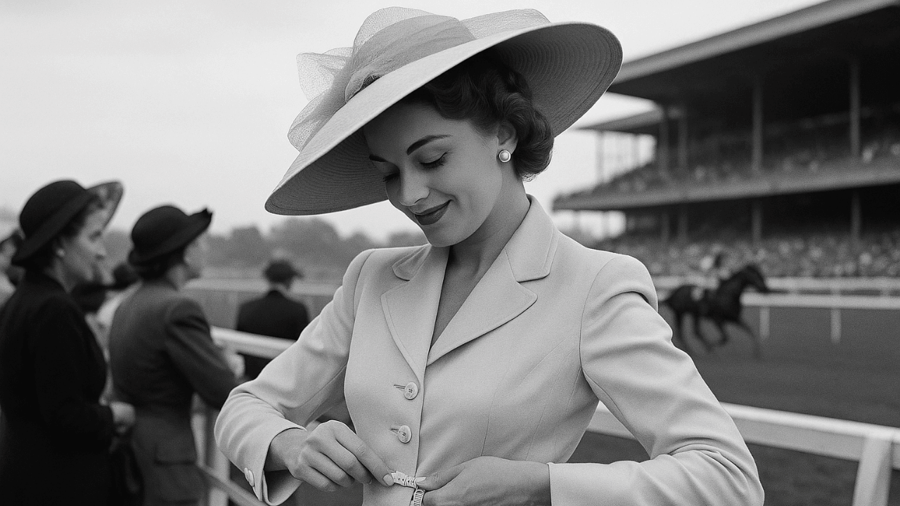 a photo of a woman from 1980s wearing secret weapons bra, gazing at her dress confidently