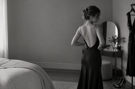 Woman in a black backless evening dress preparing for a formal event in a softly lit bedroom, shown in black and white.