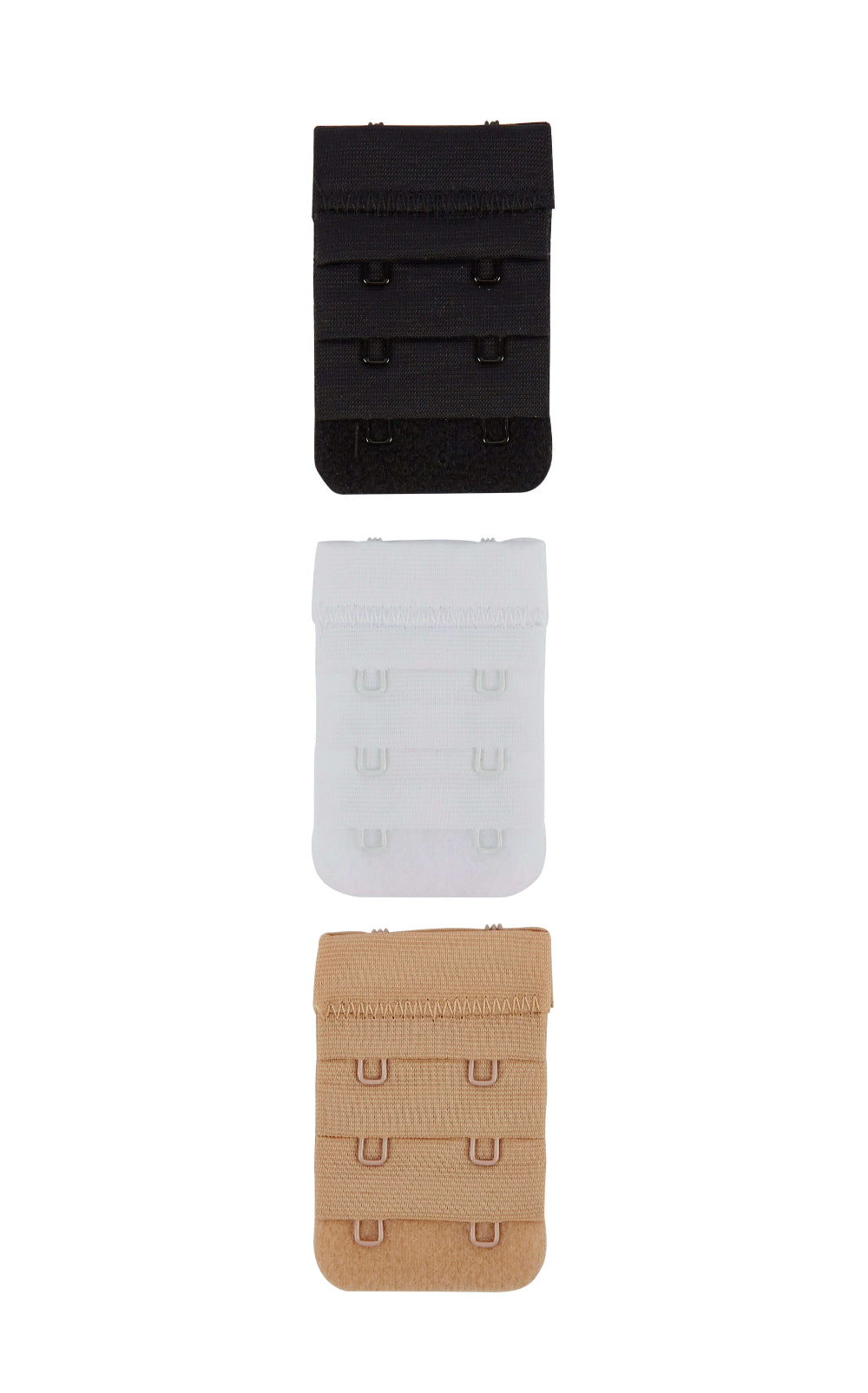 2 hook bra extender in nude/beige, black and white on a white background