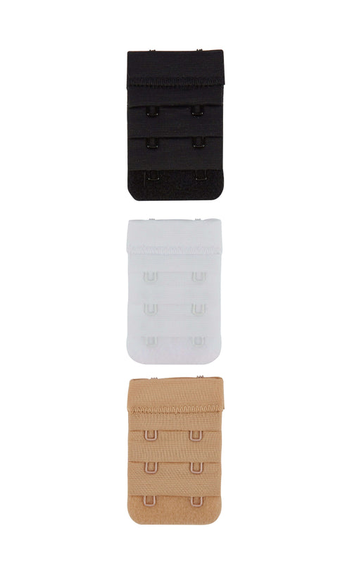 2 hook bra extender in nude/beige, black and white on a white background