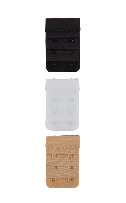 2 hook bra extender in nude/beige, black and white on a white background