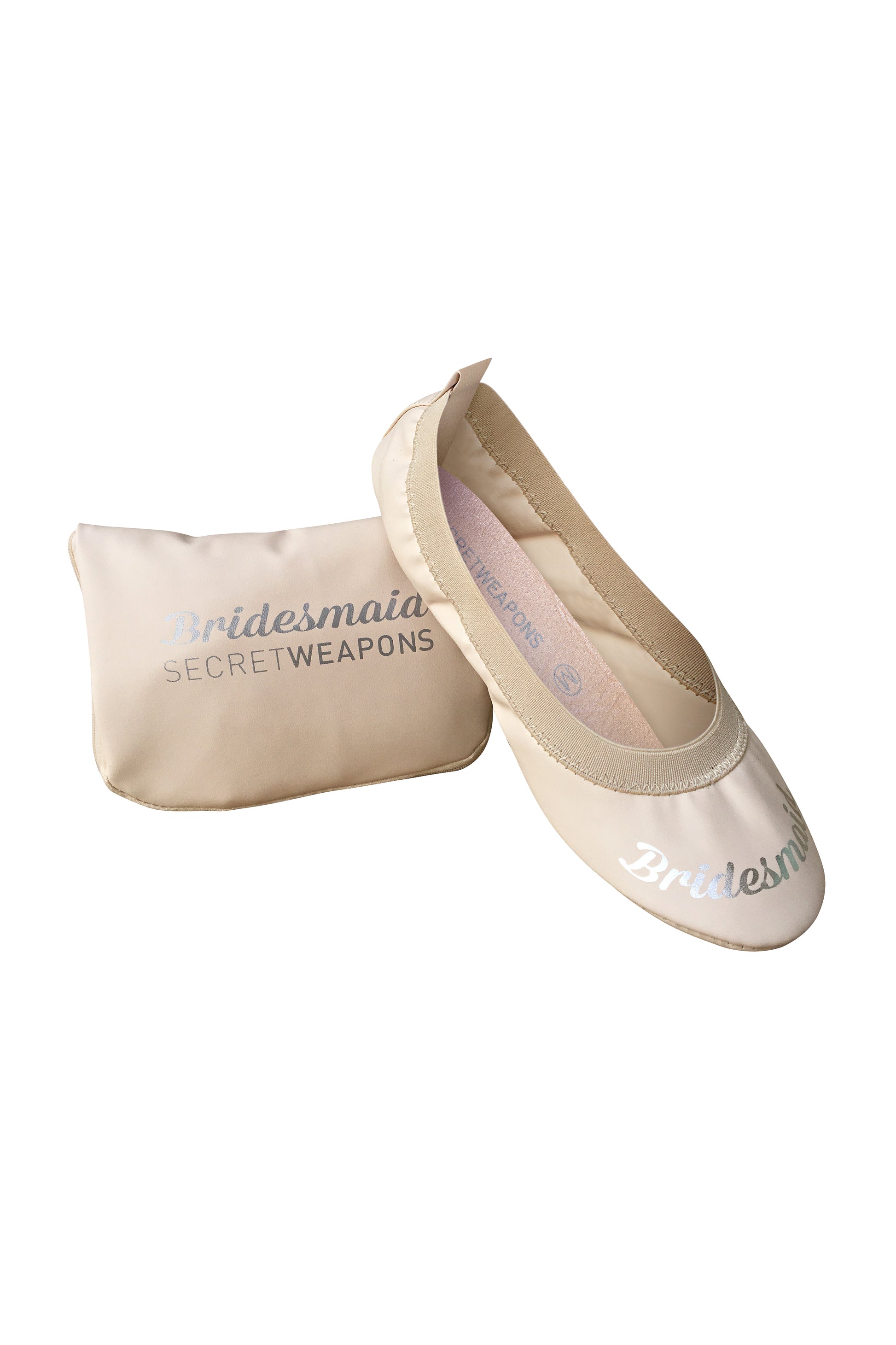 BRIDESMAID embellishment on nude colour fold up ballet flat shoes with carry purse on a white background