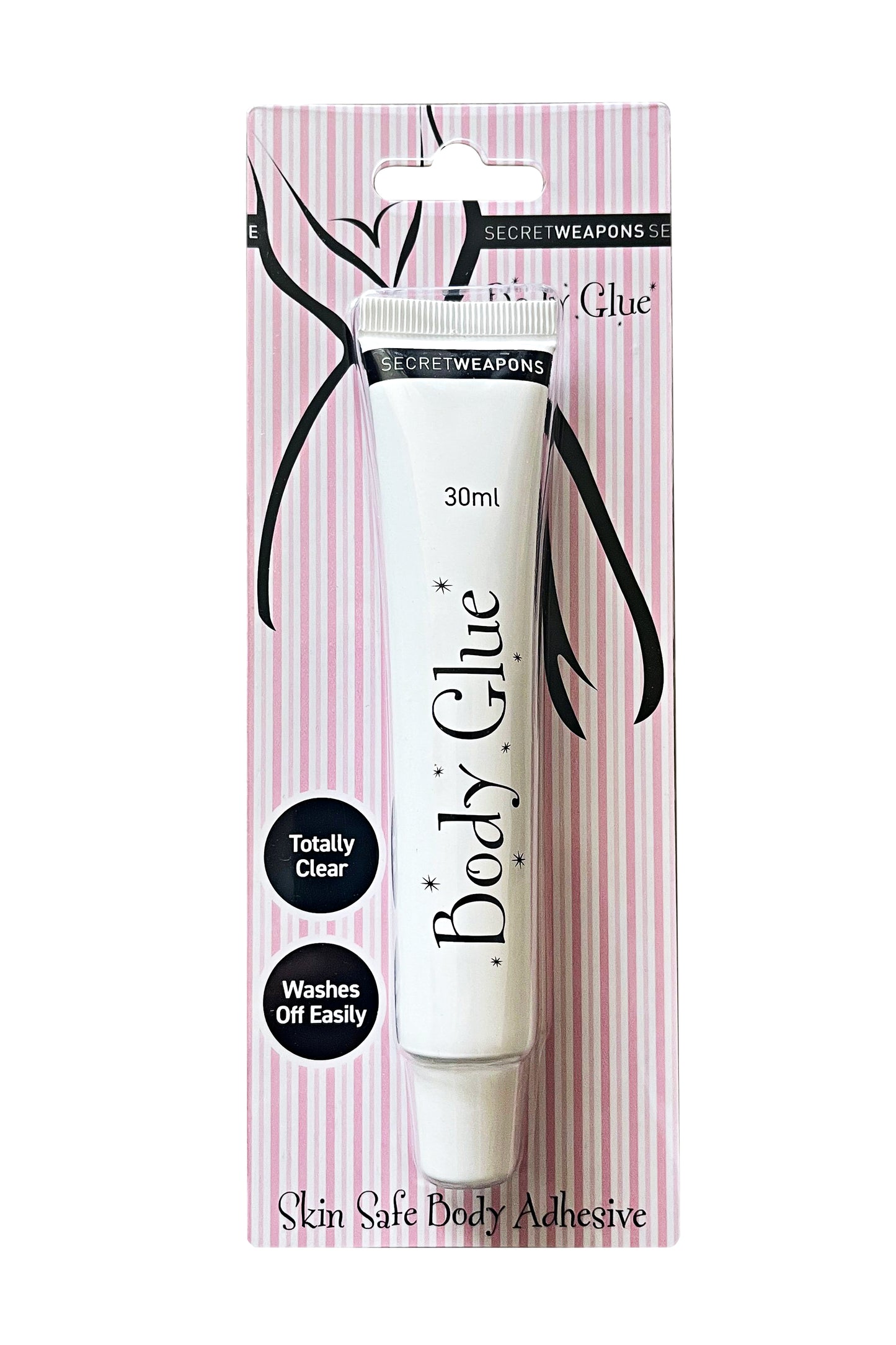 A tube labeled "Body Glue" in sleek packaging, featuring text: "30ml," "Totally Clear," "Washes Off Easily," over a pink and white striped backdrop. Described as "Skin Safe Body Adhesive."