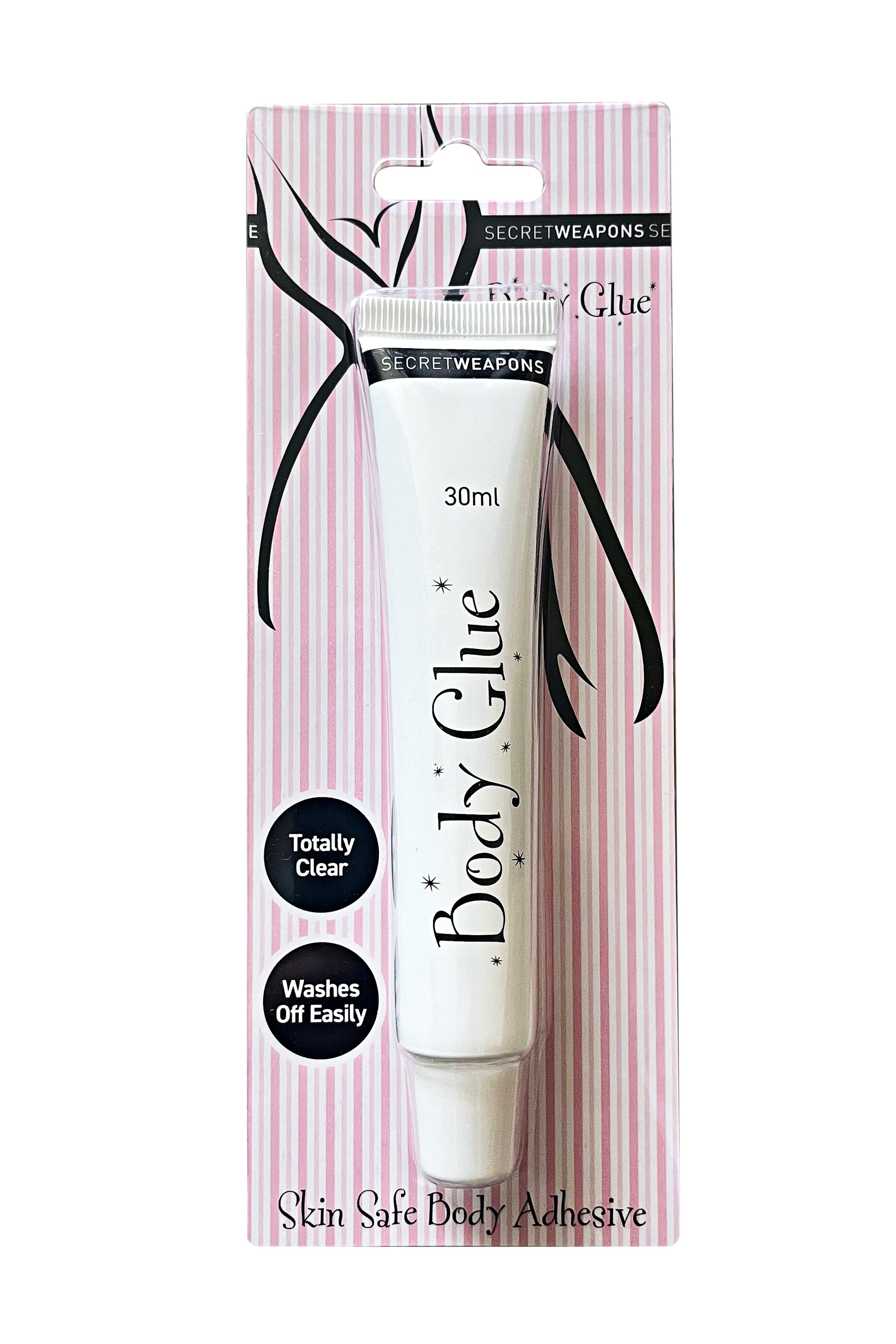 A tube labeled "Body Glue" in sleek packaging, featuring text: "30ml," "Totally Clear," "Washes Off Easily," over a pink and white striped backdrop. Described as "Skin Safe Body Adhesive."