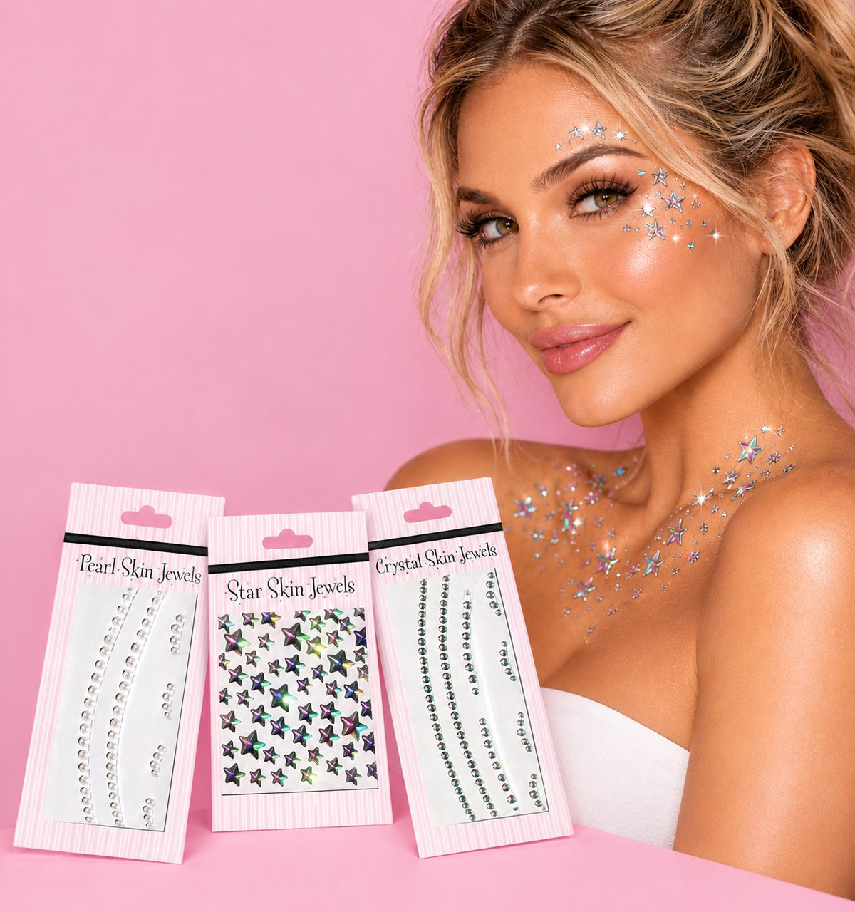 Face Gems being worn on a womans face with the 3 styles being shown - Pearl, Crystal and Star 