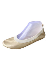 Gold colour foldable ballet flat shoes sitting against a white background.