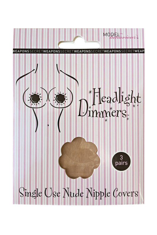 Package of "Headlight Dimmers" nipple covers featuring a pink striped background, silhouette illustration, and a flower-shaped cover sample. Text reads: "Single Use Nude Nipple Covers, 3 pairs."