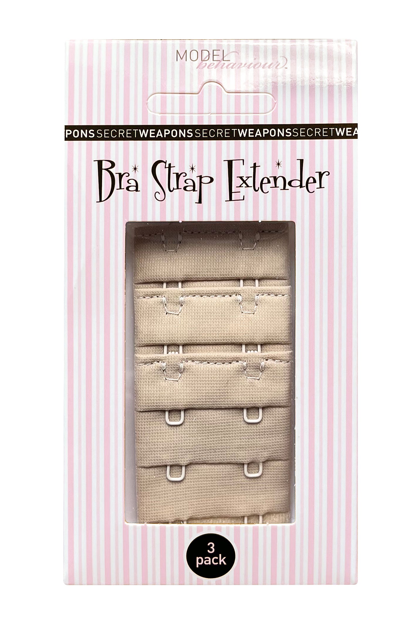 Packaging of 3 pack 2 hook bra strap extenders showing nude skin tone colour of the bra extenders in pink and white striped Secret Weapons brand packaging