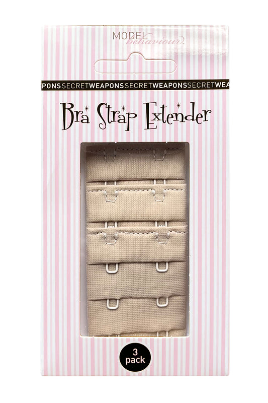 Packaging of 3 pack 2 hook bra strap extenders showing nude skin tone colour of the bra extenders in pink and white striped Secret Weapons brand packaging