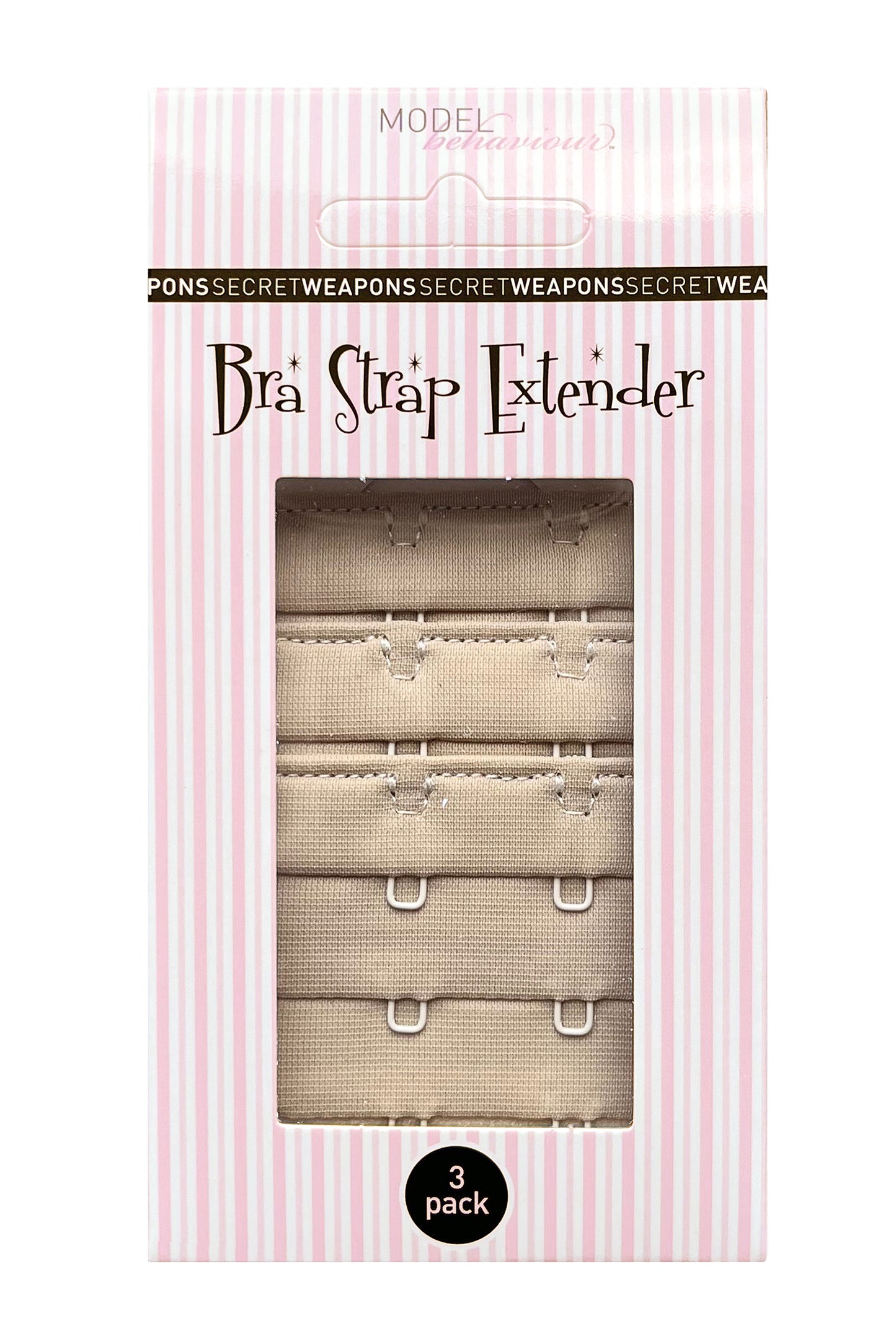 Packaging of 3 pack 3 hook bra strap extenders showing nude skin tone colour of the bra extenders in pink and white striped Secret Weapons brand packaging