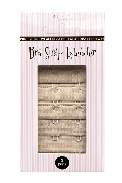 Packaging of 3 pack 3 hook bra strap extenders showing nude skin tone colour of the bra extenders in pink and white striped Secret Weapons brand packaging